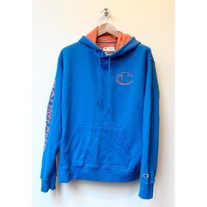 NWOT Men's CHAMPION Logo Blue Orange Pull-over Hoodie Size XL